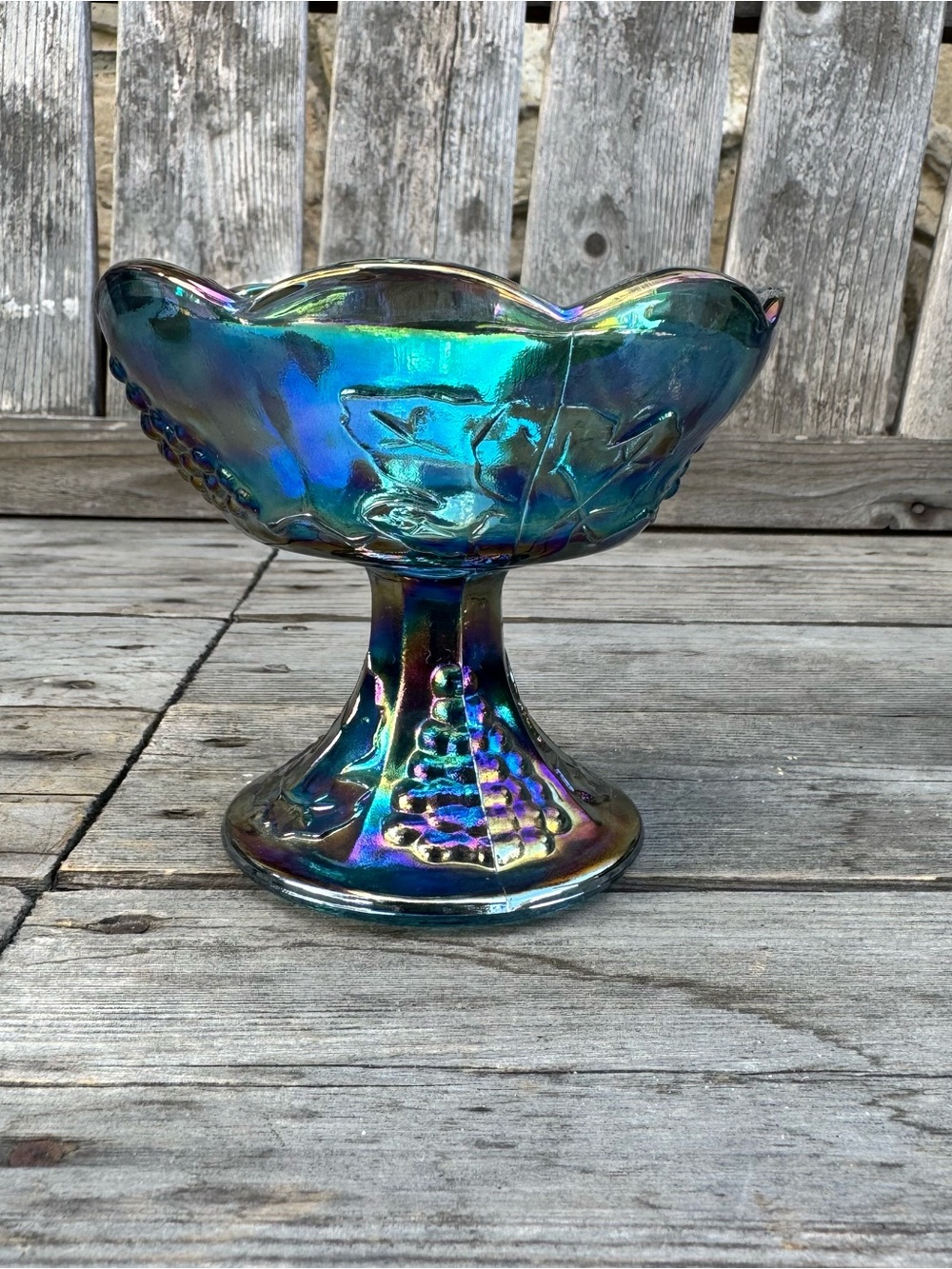 VTG Indiana Glass Blue Carnival Glass Harvest Grape Pedestal Dish